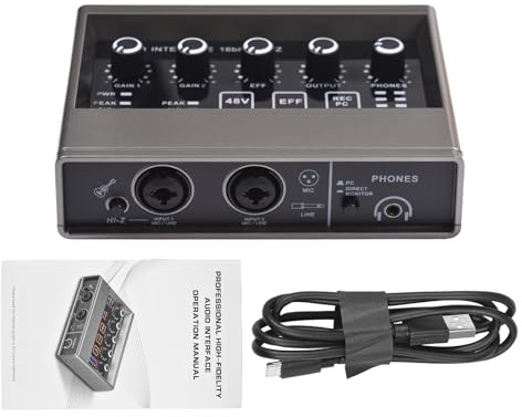 HUIOP Interface audio Enregistrement professionnel Interface audio XLR Reverb Carte son avec alimentation fantôme 48 V Résolution 16 bits/48 kHz Plug and Play pour l'enregistrement de musique Kara