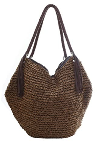 MEIZHITU Korbtaschen Damen Große Gewebte Tasche Strandtaschen Frauen Handtaschen Sommer Weibliche Lässige Damentaschen Umhängetasche Quaste Reißverschluss Sommer Strand Geldbörse (Color : C)