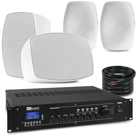 PD BHW60WH 4x 6.5'' White Wall Speakers System, IPX5 Outdoor/Indoor, with PRM240 Mixer-Amplifier, Bluetooth - Perfect for Commercial Use, Background Music System, Commercial Sound System