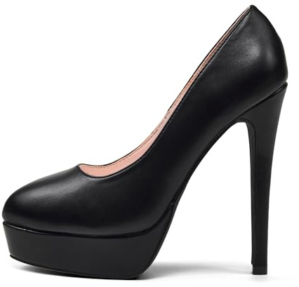 Elisabet Tang Women's 5.5 inch Stilettos Peep Toe/Closed Toe Platform High Heels Pumps Round Toe Shoes Slip On for Dress Wedding Party Prom Black Matte