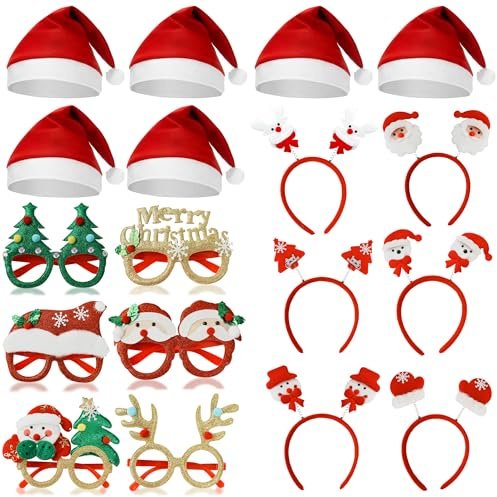JOYEONDEF 18 Stück Weihnachten Accessoires, 6 Stück Haarreifen Weihnachten, 6 Stück Weihnachtsmützen, 6 Stücke Weihnachten Brillen Rahmen, Lustig Weihnachtsbrillen, Weihnachten Party Dekoration