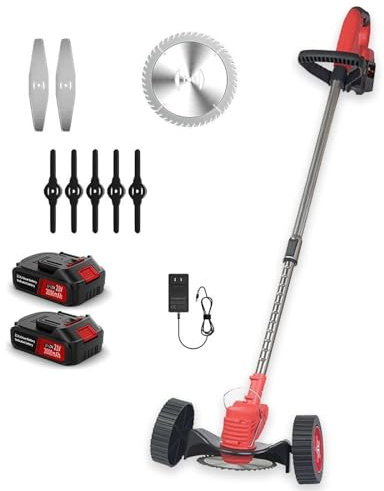 Cortadora eléctrica de malezas con ruedas, recortadora de césped con 3 tipos de cuchillas y 2 baterías, cortadora de césped a batería para jardín y patio, funciona con pilas