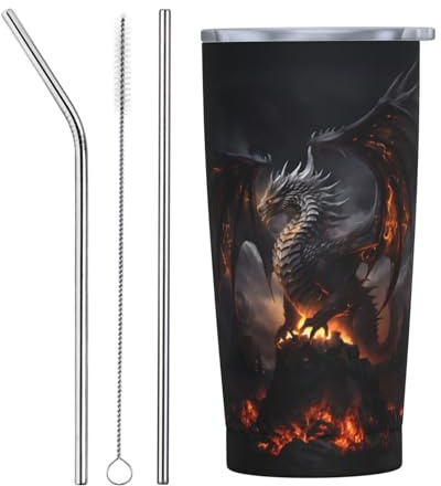 VOSERY Botella de agua de 20 onzas con tapa y popote, vaso aislado de dragón negro fuego, vasos de acero inoxidable, taza de café de viaje, vaso personalizado