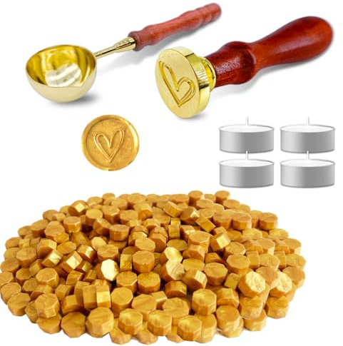 BJOYEE 300 Stück Siegelwachs Perlen Set Wachssiegel Stempel mit 1 Herz Siegelstempel, 1 Schmelzlöffel, 4 Teelichte, Siegelwachs set für Umschlag/Einladungen/Karten/Geschenk (Gold)