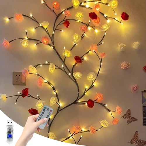 Starnearby Rosen Lichterkette Willow Vine für Zimmer Wand Deko 8 Modi LED Lichterzweige mit Fernbedienung und Timer Lichterkette Innen für Schlafzimmer Valentinstag Deko (1.8M 96LEDs)