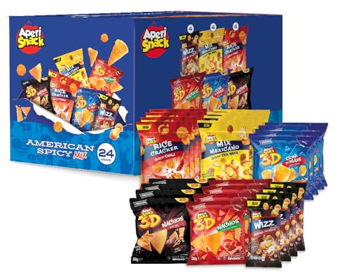 Aperisnack®- AP18.001.32- APERIBOX AMERICAN SPICY MIX 24 SNACK - Box con Snack Americani, box con snack misti, snack per distributori automatici, snack per aperitivi e feste