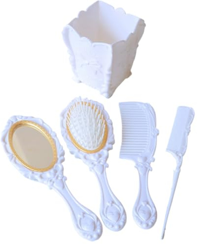 Jeorywoet 5Pcs Vintage Hair Brush Set with Hand Mirror, Detangling Brush, Rat Tail Comb, Comb Holder & Embossed Flower Design for All Hair Types (White) Hair Brush Holder