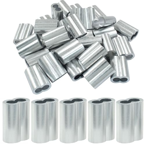 Cjueiom 50 manicotti a crimpare in alluminio, 6 mm, a doppio cilindro, per appendere cavi metallici, colore argento