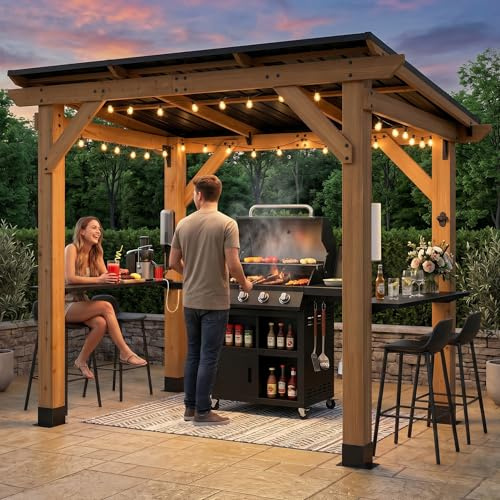 StarEcho Grill-Pavillon aus Zedernholz, mit Steckdosen, schrägem Hardtop-Grillpavillon mit zwei Servierregalen, Papierhandtuchhalter und Flaschenöffner für den Außenbereich, Hinterhof, Terrasse