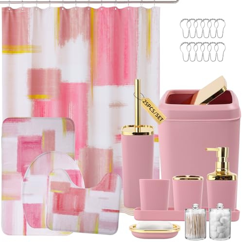 XLHOMO Bathroom Set - Pink and Gold Bathroom Accessories Set, Bathroom Sets with Shower Curtain and Rugs, Pink Shower Curtain Set with Bathroom Trash Can, Soap Dispenser, Soap Dish for Home Decor