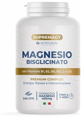 SUPREMAGY MAGNESIO BISGLICINATO 450mg (Fornitura 4 Mesi) 240 CPR - Magnesio Completo | Vitamina B12, B1, B2, B6, C e Coenzima Q10 | Integratore Stanchezza Fisica e Mentale - Vegano e Made in Italy
