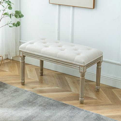 Französische Vintage-Bank, gepolstert, für Eingangsbereich, Schlafzimmer, Esszimmerbank mit Knöpfen, getuftet, gepolsterter Sitz, geschnitztes Ende des Bettes, Schuhbank, Beige, 100 x 40 x 46 cm
