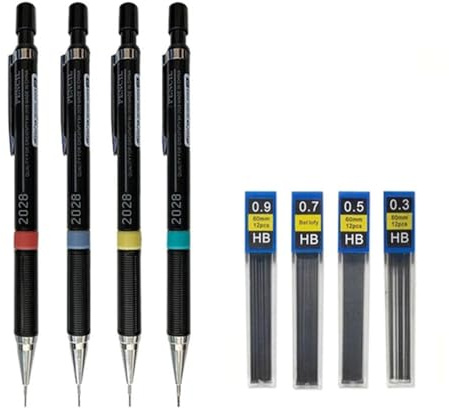 Riiichflowshop Druckbleistift-Set 4-teilig 03/05/07/09 mm Skizzierbleistifte Metall-Automatikbleistifte Zeichenbleistifte zum Zeichnen