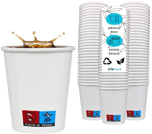Enpack Weiße Pappbecher 200 ml aus Kraftpapier 1000 Stück - Kaffeebecher to go zum servieren von Tee, Kaffee, Glühwein oder anderen Getränken - Coffee To Go Becher