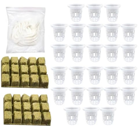 BEBEMOKO 1 juego de hidroponía con copas de malla y cubos de cultivo de lana para cultivo sin tierra y crecimiento de plántulas para jardinería en casa y productos frescos
