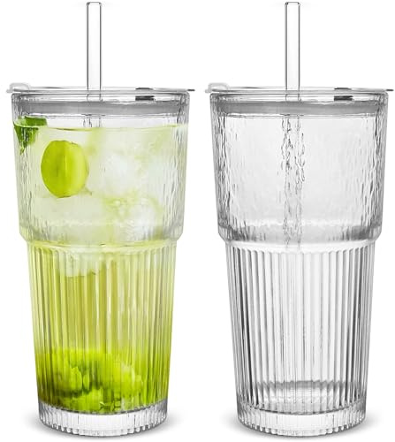 Wieat Glass Tumblers, 2Pcs Leakproof Glasses with Lids and Glass Straws, Clear Drinking Cups for Iced Latte,Smoothie, Matcha, Cold Drinks 550ml