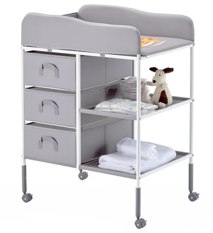 VEVOR Wickeltisch tragbare Wickelstation mit 3 Stoffschubladen & feststellbaren Rädern, höhenverstellbarer multifunktionaler Baby-Wickelkombi mit Aufbewahrungs-Organizer fürs Kinderzimmer Grau