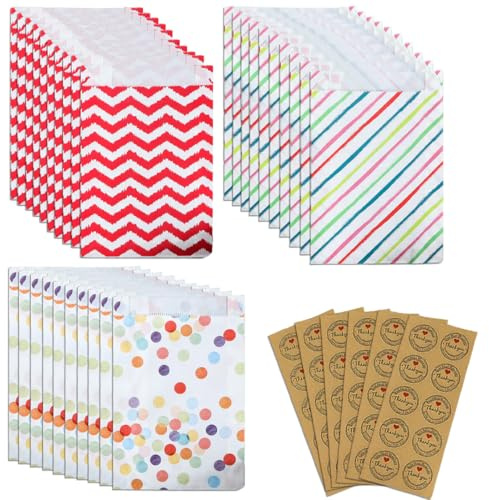 DWFEYOI 60 Pezzi Sacchetti Regalo di Compleanno Colorati,Sacchetti di Carta,sacchettini compleanno bambini,Buste Regalo con 60 Adesivi, Sacchetti di Caramelle Bambini per Confezionare Regali, Feste