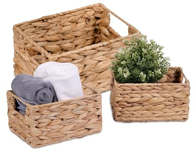 Relaxdas Panier de Rangement, lot Pratique de 3 corbeilles, eichhornia, Design tressé, 2 Petits et 1 Grand, Nature