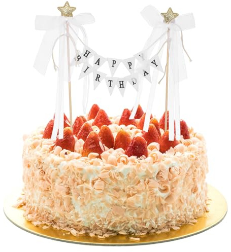 Happy Birthday Flag Banner Cake Topper, Happy Birthday Cake Banner Personalized Toppers, Birth-Day Cakes Flag Decoration, Birth-Day Cakes Bunting Topper with Gold Stars and Bows, Party Decorations