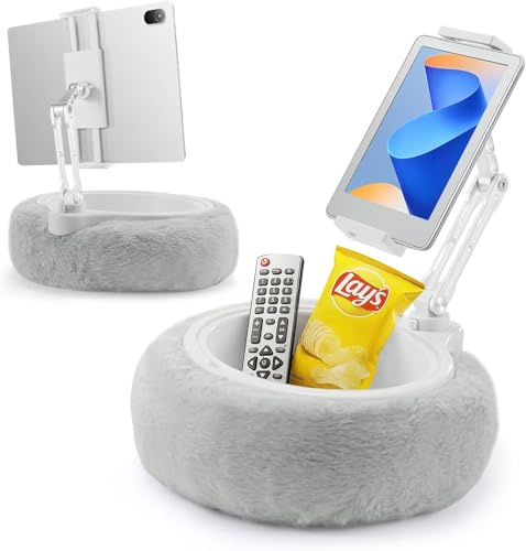 BREEZENEST 360° Rotating Tablet Stand – Plush Kindle Holder & Phone Stand with Removable Snack Bowl, Adjustable 180° Arm for 4.7–9.8 Devices, Perfect Bed & Sofa Tablet Holder (Grey)