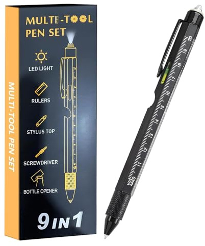 Renchey Stylo Multifonction - Outil Gadget 9 en 1 avec Éclairage LED | Stylo De Bricolage Comprenant Un Tournevis, Un Niveau, Une Règle Et Ouvre-Bouteille - Pour Père, Petit Ami, Mari, Noël