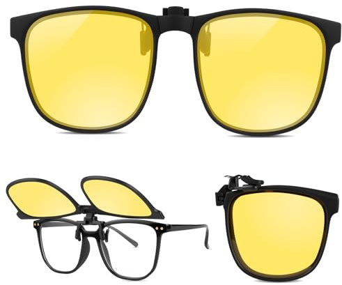 Kiiwah Clip-On mörkerseende glasögon för bilförare, lätt polariserade nattkörningsglasögon vikbara nattkörningsglasögon clip glasögon med gula glas unisex för nattkörning, regn, solsken och dimma