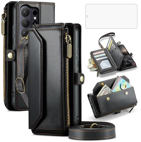Asuwish Phone Case for Samsung Galaxy S26 Ultra 5G Zipper Wallet Cover with Screen Protector and Wrist Strap Flip RFID Blocking Credit Cash Card Holder Cell S26Ultra 26S S 26 26Ultra Women Girls Black