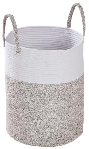 Wäschekorb Baumwolle 58L mit Griffen – Geflochtener Aufbewahrungskorb für Wäsche & Spielzeug, Stabiler Laundry Basket für Kinderzimmer & Schlafzimmer, Ø38x50 cm, Weiß-Grau