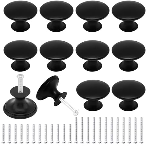 BDGYCK 12 Pièces Bouton de Meuble Noir, Boutons Armoire Ronds avec Vis Assorties, Bouton de Tiroir en Inoxydable pour Placards Commode Armoire Meuble, 29mm