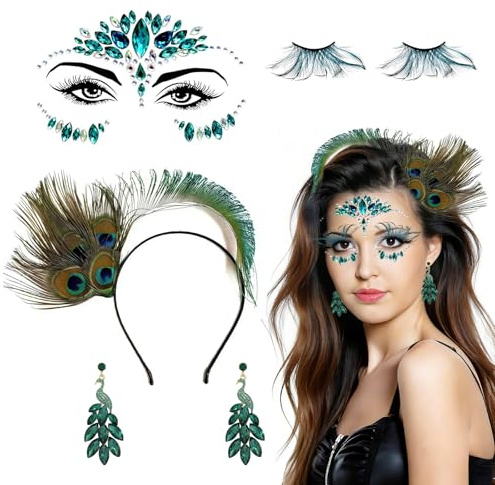 CIYIN Pfau Kostüm Damen Set, Pfau Kopfschmuck und Künstliche Wimpern, Glitzersteine Gesicht, Pfa-u Ohrringe, P-fau Themen Outfit Accessoires für Karneval, Mottoparty, Cosplay