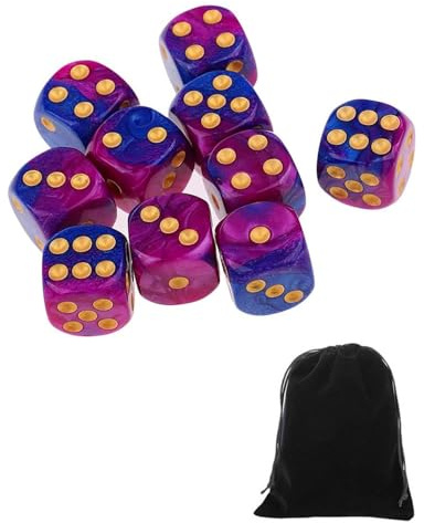 CULEB 10 PCS Dadi,16mm D6 Dadi da Gioco Acrilici,SetDadi con Borsa di Velluto per Giochi da Tavolo,Giochi di Ruolo(Blu-Viola)