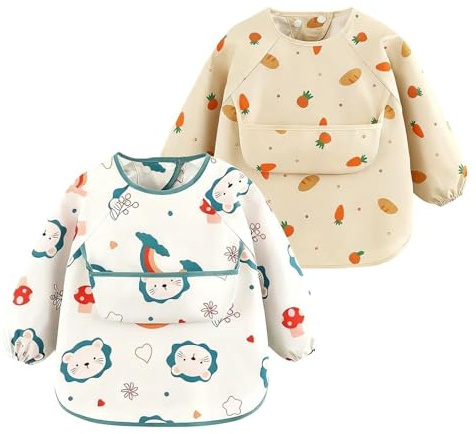 txuzong 2 Stück Lätzchen Baby mit Ärmeln, Geeignet für 0–1 Jahre, Unter 8,5 kg ärmellätzchen, Wasserdichtes Lätzchen Baby Abwaschbar, für Essen, Malen und Spielen