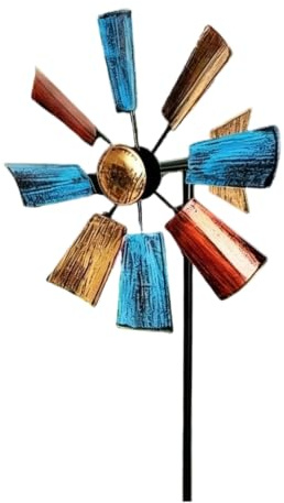 sugerou Wind Spinners for Garden, Garden Ornaments Outdoor, Windmill Stake | Smooth spin fan blades, rust-proof metal, 4 colors, tool-free staking into soil for instant garden charm Mix Color