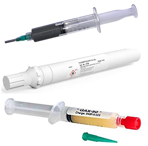EO SMD-Lötset Nr. 10 (1 x Rework-Paste EO-RP-001 Spritze, 20 g Inhalt, 1 x EO-Elektronik-Flussmittelpaste GAX-50 Spritze, 5 ml Inhalt, 1 x Flux-Pen/Flussmittelstift EO-FA-334