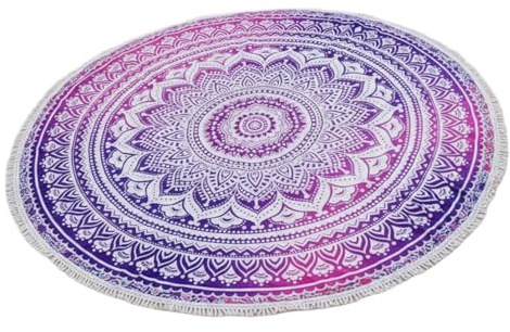 GURU SHOP Rundes Mandala Tuch, Tagesdecke, Picknickdecke, weiß/pink | 100 % Baumwolle, vielseitig einsetzbar, traditioneller Druck, handgefertigt, ideal für Strand, Yoga und als zierendes Plaid