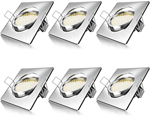 Brandson - 6 x Set Ultra Flach LED Deckenspot eckig warmweiß schwenkbar - Einbauleuchte - Einbauspot Deckenstrahler - Slim Aluminium Druckgussrahmen Edelstahl Optik