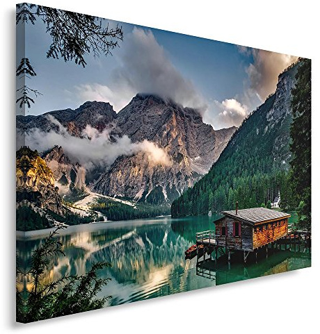 Feeby Quadro su Tela Lago di Braies 100x70 cm 1 pezzo Stampa Murale Fotografia Decorazione da parete Immagini Moderni per Soggiorno Camera da Letto Ufficio Cucina Italia Montagne Natura Verde