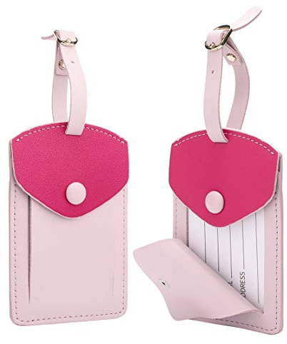 Kofferanhänger mit Adressschild,Gepäckanhänger aus Leder für Herren Damen,ID-Tags mit vollständiger Rückseitenschutzabdeckung für Kreuzfahrtschiffe, Reisezubehör-Tags 2er Set (Rosa 01)