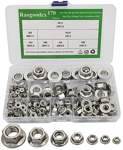 170 Stück Sechskantmuttern mit Flansch und Sperrverzahnung Flanschmutter，M3 M4 M5 M6 M8 M10 M12 304 Edelstahl Sechskant-Flanschmuttern Sortiment Kit