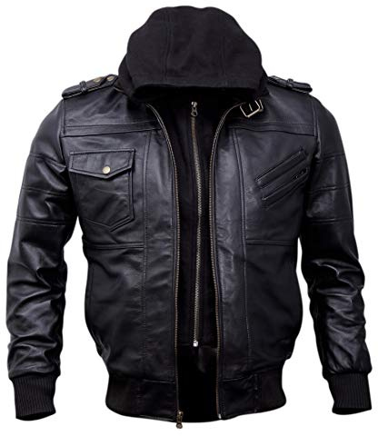 Mens Genuine Black Hooded Bomber Leather Jacket | Real Lambskin Waxed Brown Leather Jackets for Men with Removable Hood (Black, 3X-Large)