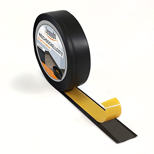 Lemodo Sockelleiste 50 x 15 mm (Länge: 25 m, Farbe: schwarz) - Fußleisten zuschneidbar – Weichsockelleiste selbstklebend aus PVC – Abschlussleiste Küchenarbeitsplatte, Bad, Arbeitsplatte etc.