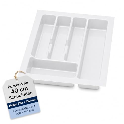 ALUSFERA Besteckkasten für Schubladen 40 cm – Schubladen Organizer mit Fächeraufteilung – Hochwertiger Schubladen Organizer Küche für Mehr Ordnung – Anpassbar und leicht zu reinigen - 330x430mm Weiß