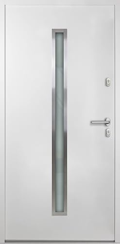 kuporta Haustür Nebeneingangstür Nele 100x200cm DIN rechts – Kellertür aus massivem Stahl mit Tresorbolzen, Wärmedämmfüllung, verstellbaren Bändern und Aushebelsicherung - Weiß | 2x Drücker