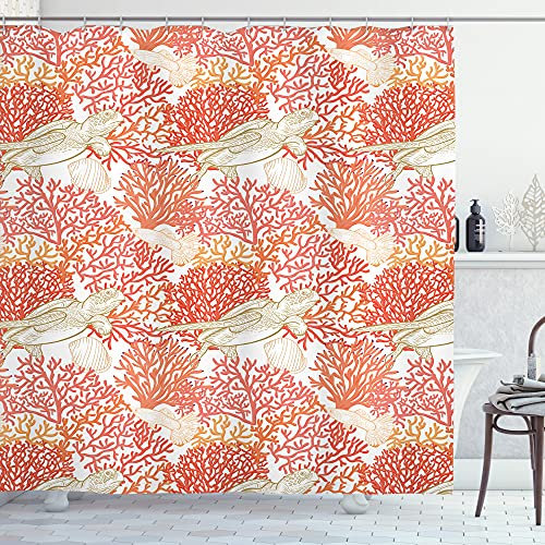 ABAKUHAUS Unterwasser- Duschvorhang, Meeresschildkröte in Korallenriff, Stoffliches Gewebe Badezimmerdekorationsset mit Haken, 175 x 180 cm, Dunkle Koralle und Blasses Orange