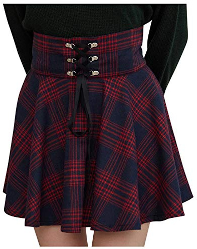 Damen Plaid Glencheck A-Linie Hohe Taille Flare Plissee Mini Schwarz Rock Kleid Mini-Faltenrock, Kariert, Gothic-Stil, Zum Schnüre, Gothic High Waist Short Skater