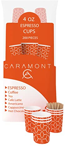 Caramont,4 Oz 200 Espresso Gobelets en Carton avec Agitateurs en Bois,Écologique et Jetables,Résistant à la Chaleur,Carton de Qualité,Idéal pour Toutes Les Boissons Chaudes ; Café,Thé,Chocolat etc.