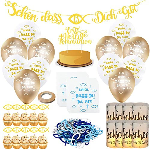 Kommunion Deko Set - Konfirmation Taufe Tischdeko 8 Windlichter, 20 Servietten, 100 Holz Fische, 12 Luftballons (Gold-Grau)