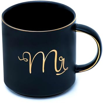 INTIRILIFE Kaffeetasse in Schwarz mit Goldrand und Aufschrift Mr - 300 ml Füllmenge - Teetasse Geschenk Becher mit Henkel Hochzeit