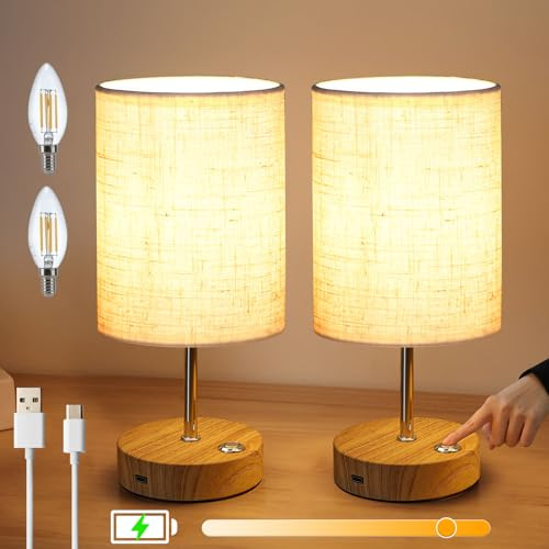 Lightsjoy Akku Nachttischlampe 2er Set LED Tischlampe Kabellos Aufladbar Tischleuchte Touch Dimmbar Nachtischlampe Ohne Kabel Bedside Lamp Batteriebetrieben Vintage Night Light für Schlafzimmer, Café
